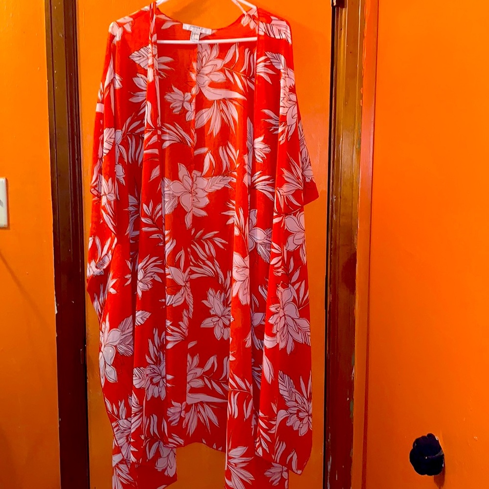 FOREVER 21 Orange w/ white flowers Kimono/Cover Up Size Large
